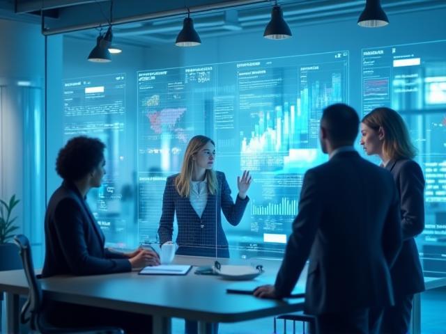 Poslovni strokovnjaki v elegantni pisarni analizirajo kompleksne podatke na digitalnem zaslonu, simbolizira strateško svetovanje in digitalno transformacijo.